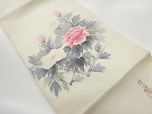 作家物　塩瀬手描き金彩牡丹模様名古屋帯